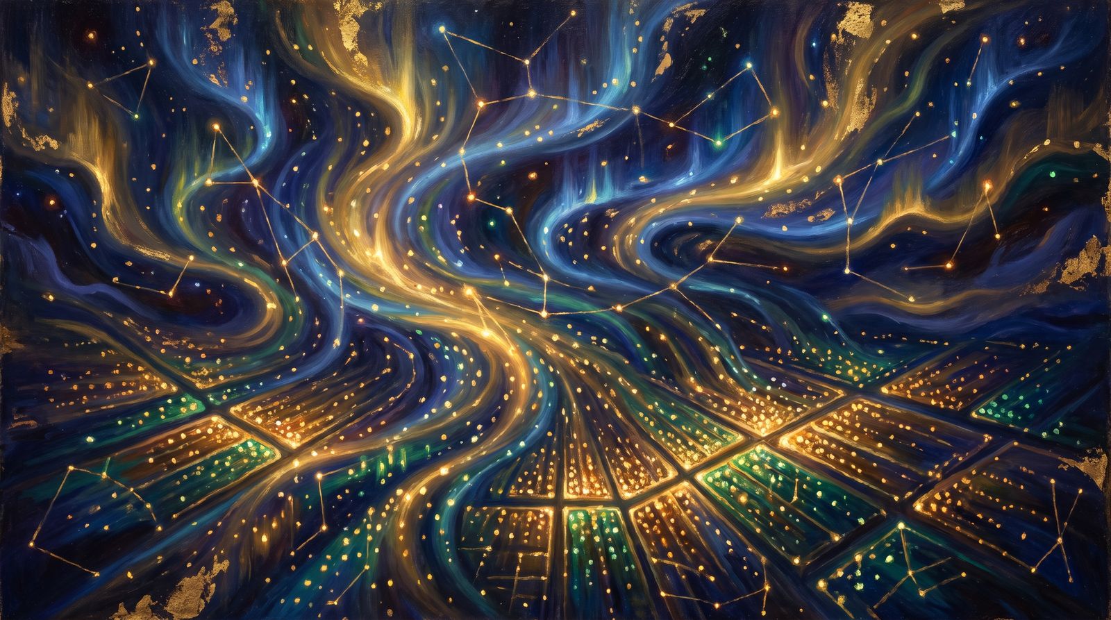 Golden and lapis data currents flowing in coordinated streams over geometric growing blocks at night