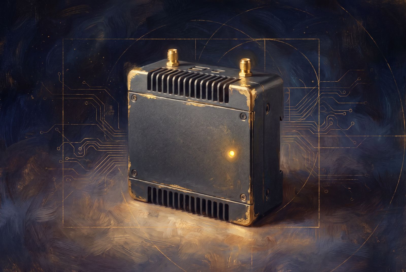 A matte-charcoal industrial edge device with gold accents, lit like a museum artefact against deep indigo