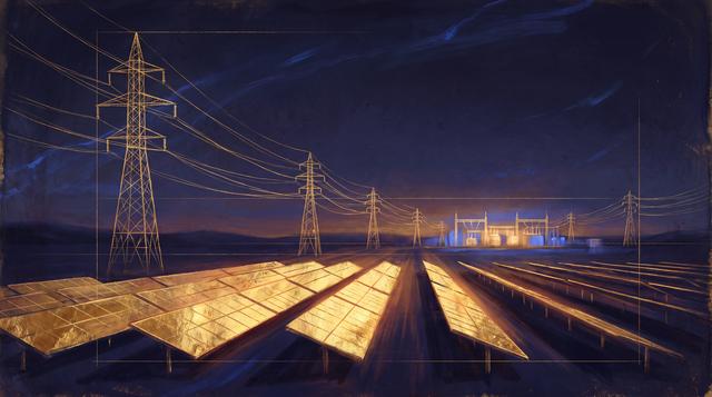 Painterly solar arrays and pylons in golden dusk light