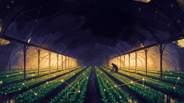 Painterly night greenhouse with golden light over emerald crop rows