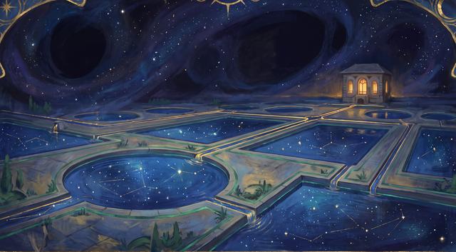 Painterly water-treatment pools reflecting a field of stars