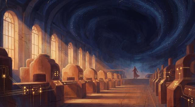 Painterly production hall in warm terracotta and gold light