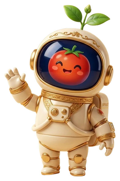 Tayeb — A20Core's agronomist agent mascot: a smiling tomato in a cream-and-gold astronaut suit, waving, with a sprout on its helmet